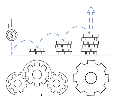 Para yığını giderek artan para yığınları üzerinde düşüp zıplıyor. Dişliler aşağıda bağlı. Finans, büyüme, strateji, yatırım, gelir, kalkınma, girişimcilik için ideal