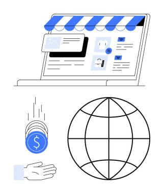 Bilgisayarda dijital mağaza önü, küresel ulaşımı simgeleyen küre, güvenli işlemler için madeni paralar ve avuç içini gösteren bilgisayar. E-ticaret, ödeme sistemleri, küresel işletme, dijital ticaret, perakende, finans için ideal