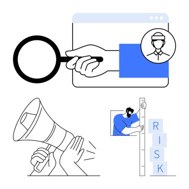 Web sayfasında el ele tutuşan büyüteç, megafon duyuruları tasvir eden kişi, üst üste yığılmış RISK değerlendirmesi. İş için ideal, analiz, uyarı, strateji, problem çözme, araştırma sade iniş
