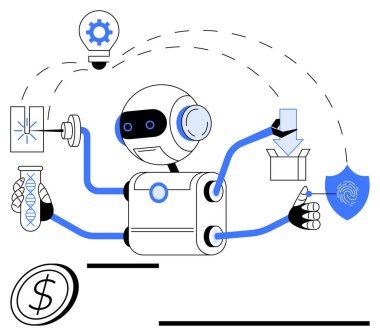 Robot çoklu silah, DNA örneği, kalkan, teçhizat, para ve paket taşıyor. Teknoloji, otomasyon, araştırma yeniliği lojistik siber güvenliği için ideal. Düz basit