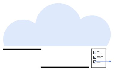 İşaretli görevler içeren minimalist kontrol listesi olan büyük, yumuşak mavi bir bulut. Bulut servisi, organizasyon, görev takibi, proje yönetimi, veri senkronizasyonu, planlama, basit iniş sayfası için ideal