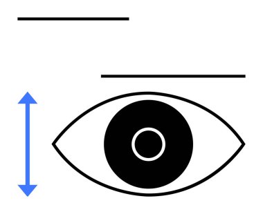 Cesur merkezi gözbebeği, dikey mavi çift yönlü ölçüm oku ve iki yatay siyah çizgisi olan basit bir göz tasarımı. Görme, ölçüm, farkındalık, analiz, odaklanma için ideal