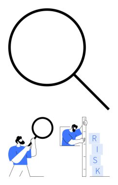 Anahtar detayları inceleyen büyüteç, basamaklı risk bloklarının bireysel analizi, problem çözme için soyut görsel analiz, analiz, iş stratejisi ve risk azaltma. Strateji için ideal