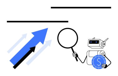 Robot, elinde bozuk para olan bir büyüteç kullanarak finansal eğilimleri inceliyor. Yükselen oklar büyümeyi ve ilerlemeyi sembolize ediyor. Finans, teknoloji, yapay zeka, yenilik ve analitik için ideal