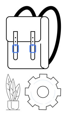 Ayarlanabilir kayışlı sırt çantası, ayarlar veya verimlilik için vites sembolü, eko-arkadaşlığı gösteren küçük saksı bitkisi. Eğitim, yaratıcılık, iş, açık hava teçhizatı, organizasyon, eko