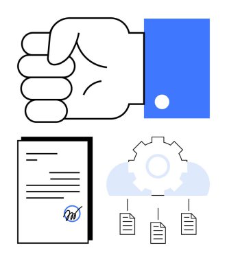 Bilek kolu, imzalı sözleşme, vites simgesi ve bulut bağlantılı dosyalar. İş, sözleşme yönetimi, iş akışı otomasyonu, dijital süreçler, ortaklık yasal anlaşmaları için idealdir.