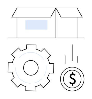 Açık kutu, vites ve düşen madeni para üretimi, gelir üretimi, nakliyat, ürün geliştirme ve verimliliği simgeliyor. Lojistik ve üretkenlik süreci optimizasyonu için ideal e-ticaret