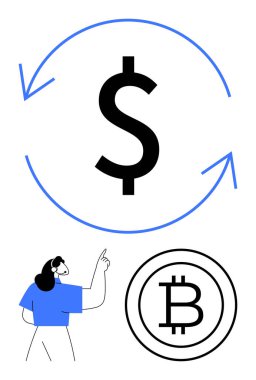 Yuvarlak oklarla çevrili büyük dolar işareti, Bitcoin sembolü, yukarı bakan kişi. Ekonomi, kripto para birimi, finans, takas, yatırım ticareti tasarrufu için ideal. Düz basit metafor