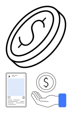 Dolar işaretli sikke, vermeyi sembolize eden uzanmış el ve sosyal medya paylaşımı. Kitle fonlama, hayır kurumu, finansal uygulama, çevrimiçi ödeme, bağış kampanyası, fintech sade iniş için ideal