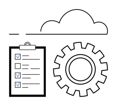 Bulut, kontrol kutulu kontrol listesi, iş akışını, verimliliği ve veri yönetimini vurgulayan vites. Otomasyon, görev yönetimi, bulut hesaplama, optimizasyon planlama ekibi işbirliği için ideal