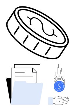 Dolar işaretli büyük para, yığınla bozuk para, el, belgeler, klasör. Finans, muhasebe, yönetim, yatırım bütçe organizasyonu için ideal basit bir iniş sayfası