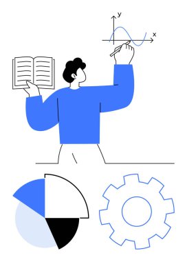 Öğretmen elinde açık bir kitap tutarken grafiğini sunuyor, etrafı pasta grafiği ve vites tasarımı ile çevrili. Eğitim, eğitim, veri analizi, yenilik, öğretim stratejileri, takım çalışması, öğrenme için ideal