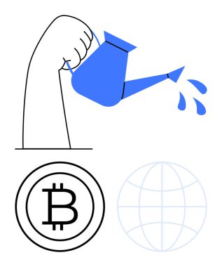 Bir su bidonu tutan kol damlaları salıyor, altında Bitcoin sembolü ve yanında küresel küre. Büyüme, teknoloji, finans, yenilik, sürdürülebilirlik ve küresel yatırım için ideal