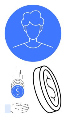 Mavi çemberdeki kullanıcı avatarı. Eline bozuk para düşüyor. Dolar işaretli büyük para. Kişisel finans, bütçe yönetimi, dijital cüzdan, çevrimiçi ödemeler, yatırım, tasarruflar için ideal