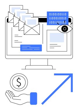 Bilgisayar ekranında e-postalar, ikili kodlar ve bir göz sembolü var. El ele tutuşan bir para ve yukarı doğru ok kar ve büyümeyi temsil ediyor. Veri güvenliği, iş analizleri, finans ve dijital için ideal