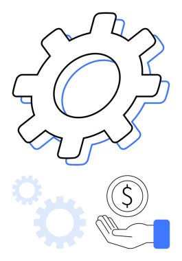 Vites ve dişliler süreci temsil ediyor. El ele tutuşup madeni parayı sembolize ediyorlar. İş, teknoloji, yönetim, verimlilik, finans, üretkenlik, basit iniş sayfası için ideal