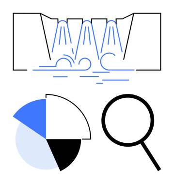 Su akışı tasarımı pasta grafiği ve büyüteçle eşleştirildi. Veri analizi, araştırma, görselleştirme ve ilerleme takibini temsil ediyor. Analiz, raporlama ve iş stratejileri için ideal