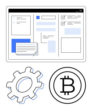 Bir dişliye ve Bitcoin işaretine bağlı form ve onay kutularıyla dijital kontrol paneli. Teknoloji, kripto para birimi, iş akışı otomasyonu, finans, yenilik, kripto ticareti, finans teknolojisi için ideal