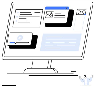 Mesajlaşma, multimedya oynatıcı, metin içeriği ve resim önizlemesi içeren etkileşimli arayüz panelleri içeren masaüstü ekran. Teknoloji, web tasarımı, UX, pazarlama, iletişim medyası için ideal