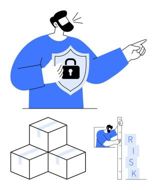 Korunmayı sembolize eden ve iddialı bir şekilde işaret eden bir adam veri ve ürünleri sembolize eden istiflenmiş kutular, bloklarla risk analizi. Güvenlik, lojistik, risk yönetimi ve veri için ideal