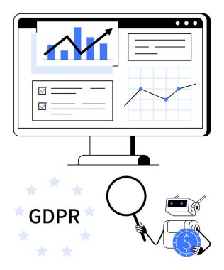Grafikli bilgisayar ekranı, kontrol listesi, büyüteçli ve bozuk paralı robot, GDPR yıldızları. Veri analizi, yapay zeka, siber güvenlik, gizlilik analitiği için ideal. Düz basit metafor