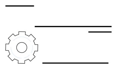 Yatay siyah çizgilerle sol alttaki vites simgesi teknolojiyi, süreci ve gelişim fikirlerini vurgulayan temiz bir düzen yaratır. Mühendislik, iş akışı, teknoloji, optimizasyon ve yenilik için ideal