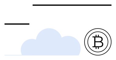 Minimalist çizgileri olan mavi bulut ve Bitcoin logosu dijital depolama, finans ve bulut hesaplama öneriyor. Kripto para birimi, engelleme zinciri, fintech, teknoloji, veri güvenliği, yenilik dairesi için ideal