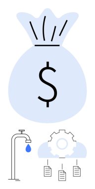 Düz bir dairede nakit akışını, verimliliği, otomasyonu, maliyet yönetimini, tasarrufu, finansal planlamayı ve dijital ekonomiyi sembolize eden dolar işaretli büyük para çantası ve dosya simgeleri