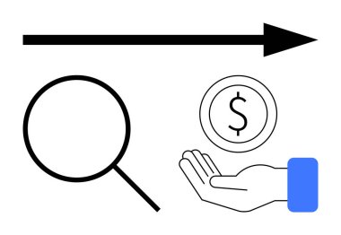 Büyüteç, yukarı doğru ok, mali büyümeye odaklanmış para. İş için ideal, analitik, yatırım, araştırma, ekonomik ilerleme, strateji sade iniş sayfası