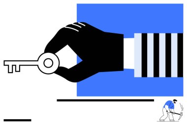 Mavi arka fonun üzerinde anahtarı tutan dev siyah el. Altını kazan çizgili kollu küçük işçi. Erişim, fırsat, çaba, çözümler, kilit açma potansiyeli, takım çalışması, basit iniş için ideal