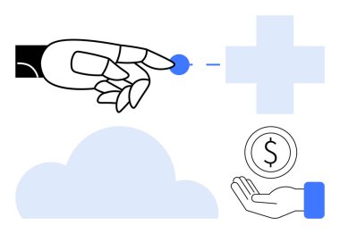 Robotik el, sembolik elementlerle etkileşime girerek tıbbi haç, bulut ve para ile el kaldırır. Yapay zeka, sağlık, teknoloji, finans, yenilik, bulut çözümleri için ideal basit iniş sayfası