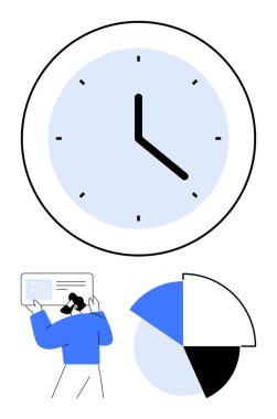 Bölümlü pasta grafiğinin üzerindeki büyük saat ve ekrandaki verileri inceleyen kişi. Üretkenlik, zaman takibi, analiz, verimlilik, planlama, programlama ve performans için ideal. Düz basit metafor