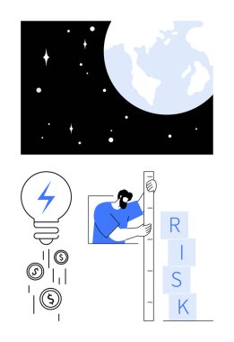 Uzayda dünya, madeni paralarla sembolize edilen, risk bloklarını ölçen bir ampulle sembolize edilen fikirleri aydınlatıyor. Yenilik, risk yönetimi, küresel işletme, finans, girişimcilik, yaratıcılık için ideal
