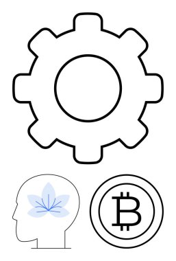 Büyük teçhizat, nilüfer çiçekli insan kafası farkındalığı sembolize eder ve kripto para birimini temsil eden bitcoin çemberi. Yenilik, üretkenlik, engelleme zinciri, meditasyon, finans ve teknoloji dengesi için ideal