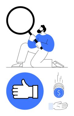 Büyüteçle diz çökmüş bir adam, mavi başparmak işareti, bozuk paraların düşmesi ve açık el çizimi. Analiz, değerlendirme, başarı, finans, güven yardımı için ideal basit iniş sayfası