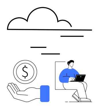 Bulut sembolü, bozuk para tutan el ve dizüstü bilgisayarda çalışan biri. Bulut hesaplama, fintech, çevrimiçi bankacılık, dijital işlemler, uzaktan çalışma, serbest ekonomi sade iniş sayfası için ideal