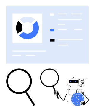 Robot grafikleri büyüteçle inceliyor, finansal verilere, araştırma görüşlerine, karar verme mekanizmasına, teknolojiye, otomasyona ve iş stratejisine odaklanıyor. Analiz için ideal, yapay zeka finansmanı