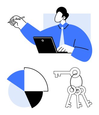 Ofis çalışanı dizüstü bilgisayarda fikirler çizer, pasta grafiği veri analizini temsil eder, anahtarlar erişimi veya çözümleri sembolize eder. Kavramlar için ideal strateji, karar verme, takım çalışması, planlama, yenilik