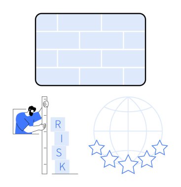 Risk bloğu kulesi, kalite standartlarını temsil eden yıldızlı küre, soyut tuğla duvar. İş planlaması, strateji, risk yönetimi, küresel kalite, başarı ölçümleri için ideal