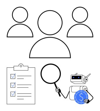 Robot bir madeni parayı büyüteçle analiz ediyor, görevleri temsil eden kontrol listesi, soyut takım figürleri. Takım çalışması, finans, denetim, değerlendirme, teknoloji, otomasyon yönetimi dairesi için ideal