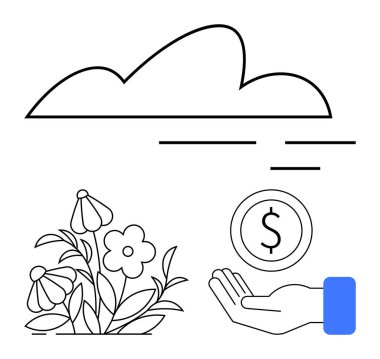 Bulutların altında büyüyen çiçekler madeni parayla birlikte sürdürülebilirliği, yatırımı, eko-dostluğu, doğayı, kaynakları korumayı, yeniliği ve finansmanı temsil eder. Çevre için ideal