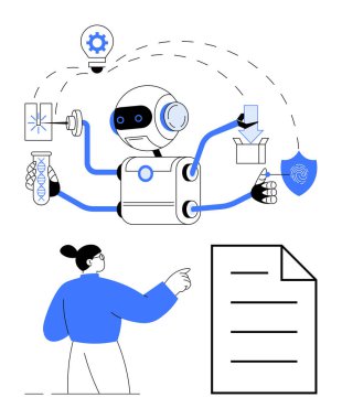 Robot çoklu silah kullanma araçları, DNA örneği, ampul ve güvenlik simgeleri ile meşgul oluyor. Belgeyi gösteren kişi. Yapay zeka, otomasyon, yenilik, araştırma güvenliği için ideal
