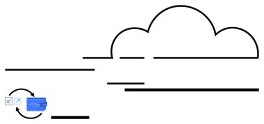 İnce çizgilerle, veri takas simgeleriyle ve senkronize oklarla soyut bulut anahatları. Veri depolama, bulut entegrasyonu, teknoloji, yenilik, otomasyon, yazılım için ideal basit iniş sayfası