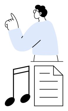 Yukarıya müzik notası ve aşağıdaki belgeyle bakan kişi yaratıcılığı, fikirleri ve içerik oluşumunu aktarıyor. Müzik, eğitim, belgelendirme, iletişim, ilham öğrenme için ideal