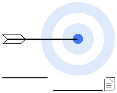 Minimalist çizgiler ve belge simgesi ile mavi bir hedef kitlesinin tam ortasına saplanan bir ok. Doğruluk, hedef belirleme, strateji, başarı, odaklanma, performans ve planlama kavramları için ideal. Düz