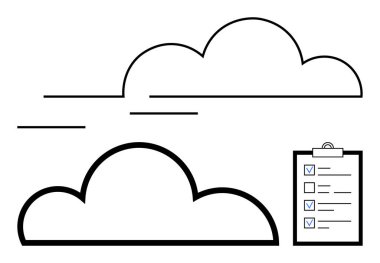 İki bulutun minimalist tasviri ve listeli bir pano. Planlama, veri yönetimi, bulut hesaplama, üretkenlik, organizasyon, görev izleme, basit iniş sayfası için ideal