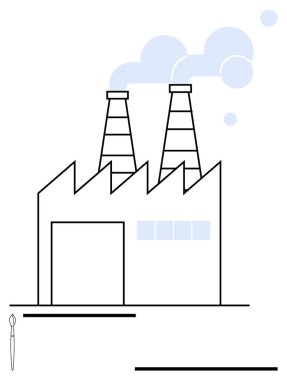 Keskin çatı çizgileri olan fabrika binası, duman çıkaran ikiz bacalar. Üretim için ideal, endüstriyel ilerleme, kirlilik tartışması, enerji üretimi, sürdürülebilirlik, kentsel tasarım, basit
