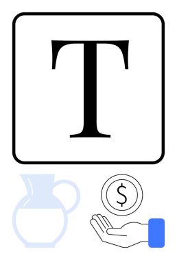 Kutudaki kalın T harfi, açık para, ve hayırseverliği vurgulayan bir atıcı, tipografi, finans, basitlik, bağış, ticaret ve minimum web elemanları. Basit bir iniş sayfası için ideal