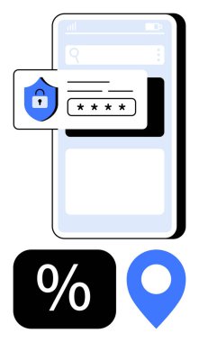 Parola kalkanı simgesi, yer imi ve yüzde sembollü akıllı telefon ekranı. Siber güvenlik, mobil uygulamalar, gizlilik, veri koruması, kimlik doğrulama, güvenli tarama için idealdir. Düz