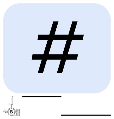 Bitcoin elementi ile birlikte açık mavi üzerine kurulu siyah meta veri etiketi sembolü. Ağ oluşturma, sosyal medya, teknoloji tasarımı, blok zinciri kavramları, yenilik markalaşması, minimalizm için ideal